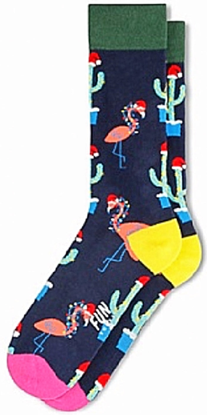 FUN SOCKS Brand Men’s PINK FLAMINGO CHRISTMAS Socks With CACTUS PLANTS