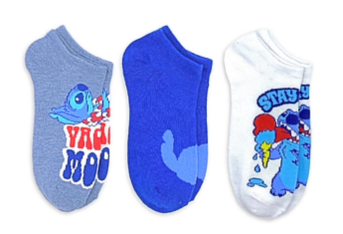 DISNEY LILO & STITCH Ladies 3 Pair Of PATRIOTIC No Show Socks ‘VACAY MODE’ - Novelty Socks for Less