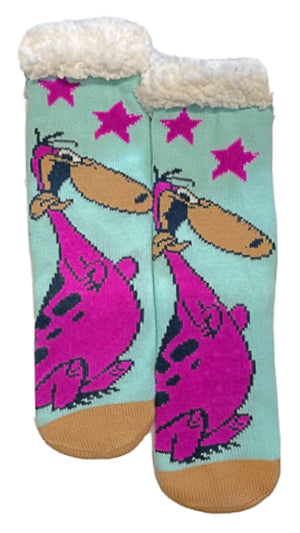 THE FLINTSTONES Ladies Sherpa Lined Gripper Bottom Slipper Socks DINO - Novelty Socks for Less