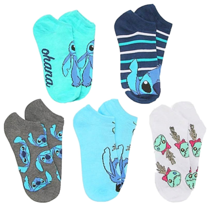 DISNEY LILO & STITCH Ladies 5 Pair Of No Show Socks With SCRUMP ‘OHANA’