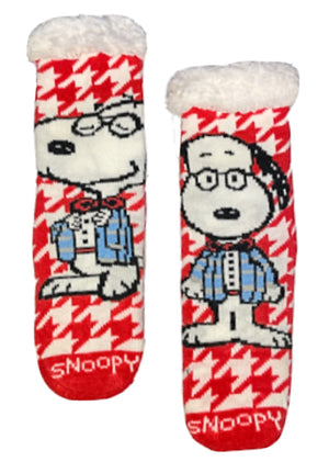 PEANUTS Ladies SNOOPY SHERPA LINED GRIPPER BOTTOM SLIPPER SOCKS SNOOPY WITH EYEGLASSES - Novelty Socks for Less