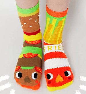 PALS SOCKS Brand Unisex BURGER & FRIES Mismatched Gripper Bottom Socks (CHOOSE SIZE) - Novelty Socks for Less