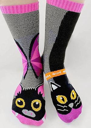 PALS Socks Brand Unisex HALLOWEEN BAT & BLACK CAT Mismatched Gripper Bottom Socks (CHOOSE SIZE) - Novelty Socks for Less