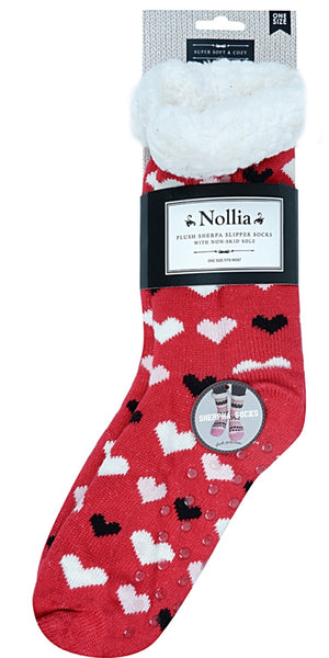 NOLLIA Brand Ladies HEARTS NON-SKID SHERPA SLIPPER SOCKS - Novelty Socks for Less