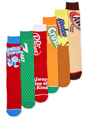 BIOWORLD Brand Men’s 6 Pair Of SODA Socks DR. PEPPER, ORANGE CRUSH, A&W, YOO-HOO - Novelty Socks for Less
