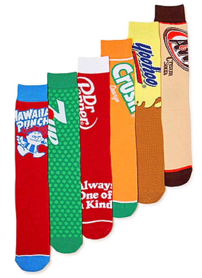 BIOWORLD Brand Men’s 6 Pair Of SODA Socks DR. PEPPER, ORANGE CRUSH, A&W, YOO-HOO