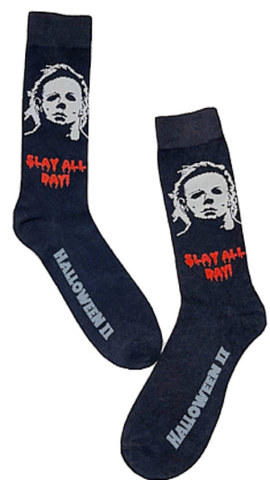 HALLOWEEN II MEN’S MICHAEL MYERS HALLOWEEN SOCKS Says 'SLAY ALLA DAY' - Novelty Socks for Less