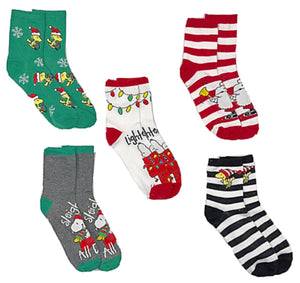 PEANUTS Ladies 5 Pair Of SNOOPY CHRISTMAS Socks With WOODSTOCK - Novelty Socks for Less