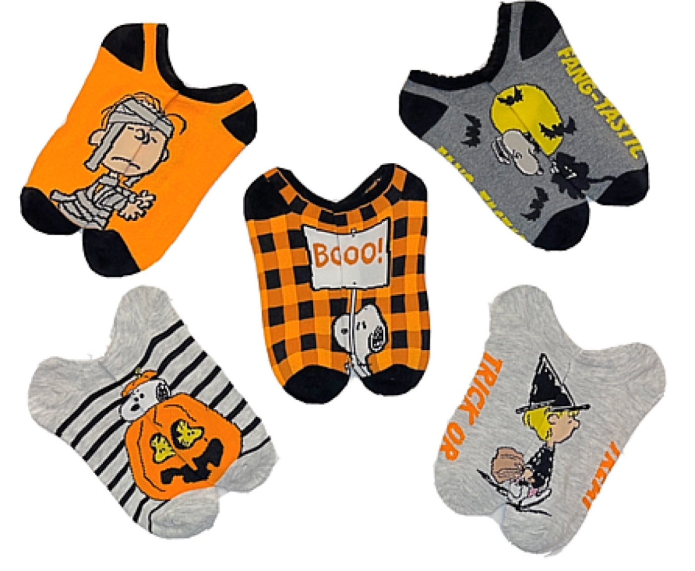 Snoopy Fangs PEANUTS Ladies 5 Pair Of HALLOWEEN NO SHOW SOCKS SNOOPY & WOODSTOCK 'F