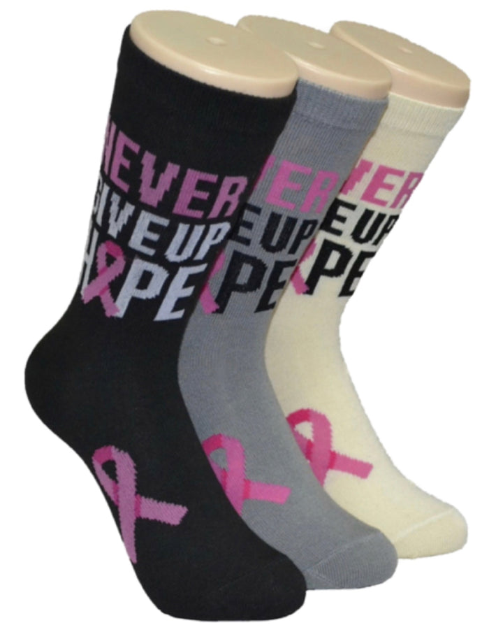 FOOZYS BRAND Ladies BREAST CANCER Socks 'NEVER GIVE UP HOPE' (CHOOSE COLOR)