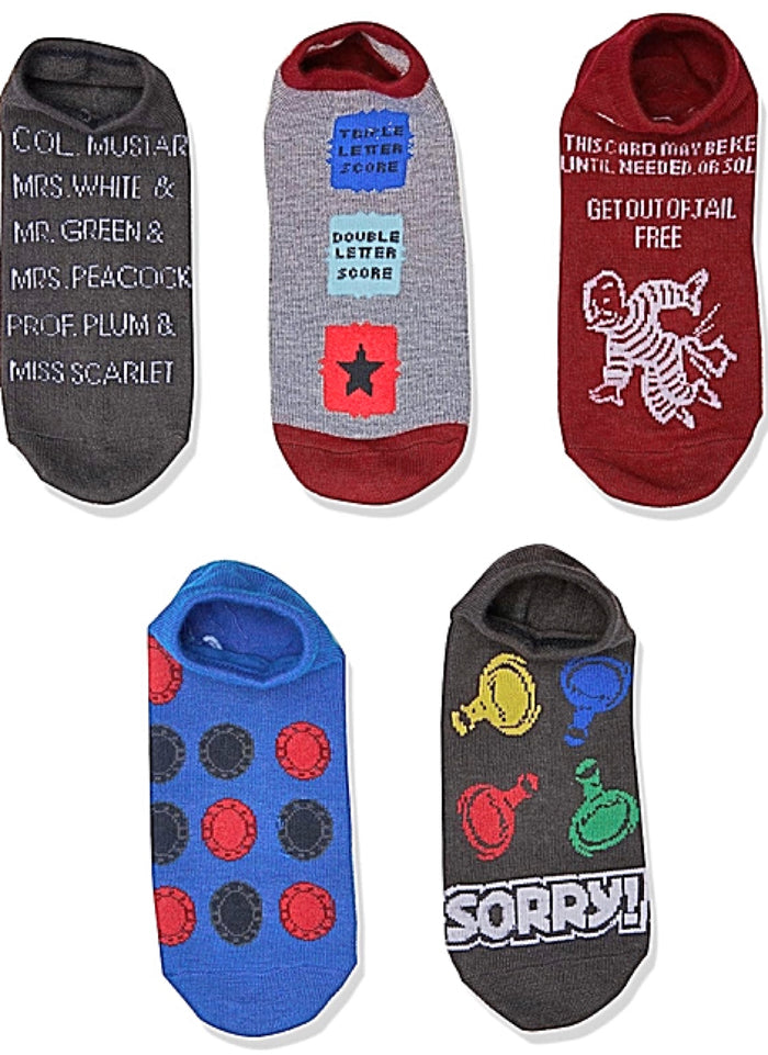HASBRO GAMES Ladies 5 Pair Of No Show Socks CLUE, CONNECT FOUR, SCRABBLE