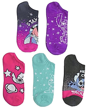 DISNEY Ladies 5 Pair LILO & STITCH No Show Socks ‘HERE COMES TROUBLE’ - Novelty Socks for Less