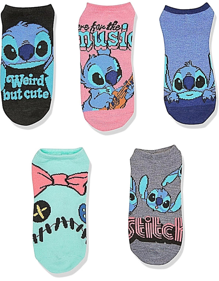 DISNEY LILO & STITCH Ladies 5 Pair No Show Socks ‘HERE FOR THE MUSIC'
