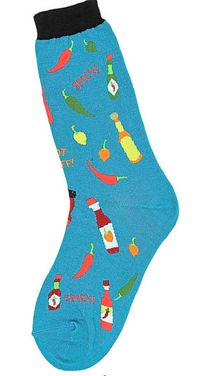 FOOT TRAFFIC BRAND LADIES HOT SAUCE & PEPPERS SOCKS  SAYS 'SPICY' 'HOT STUFF' - Novelty Socks for Less