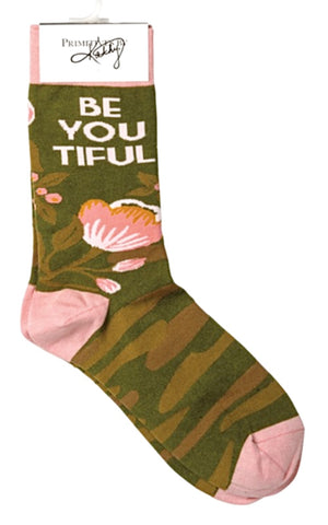 PRIMITIVES BY KATHY Unisex CAMO PRINT Socks Says ‘BE YOU TIFUL’ - Novelty Socks for Less