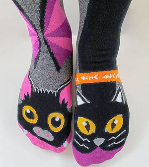 PALS Socks Brand Unisex HALLOWEEN BAT & BLACK CAT Mismatched Gripper Bottom Socks (CHOOSE SIZE) - Novelty Socks for Less