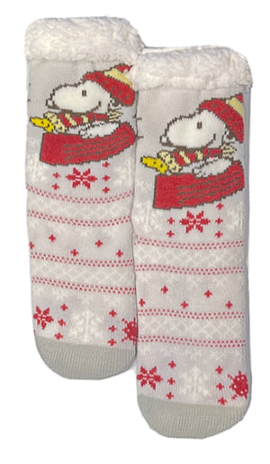 PEANUTS Ladies CHRISTMAS SNOOPY Sherpa Lined Gripper Bottom Slipper Socks (CHOOSE COLOR) - Novelty Socks for Less