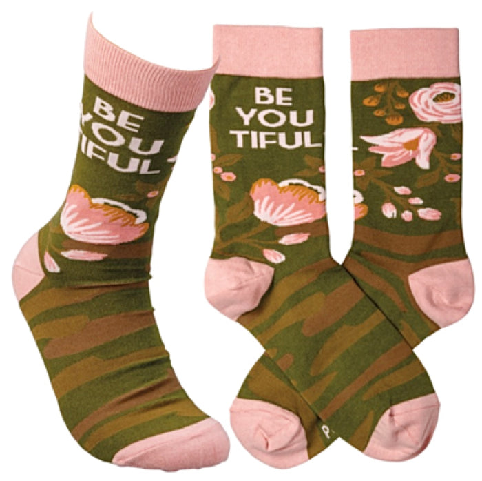 PRIMITIVES BY KATHY Unisex CAMO PRINT Socks Says ‘BE YOU TIFUL’