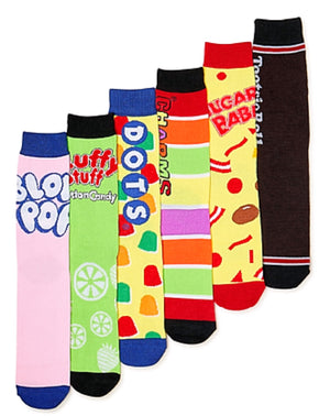 TOOTSIE ROLL Men’s 6 Pair Of Socks FLUFFY STUFF, DOTS CANDY Bioworld Brand - Novelty Socks for Less