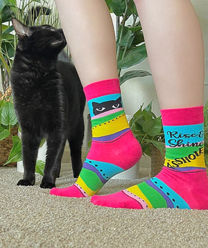FABDAZ Brand Ladies CAT Socks ‘RISE & SHINE ASSHOLE’ - Novelty Socks for Less