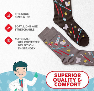 FOOZYS BRAND Mens 2 Pair DENTIST/ORTHODONTIST Socks - Novelty Socks for Less