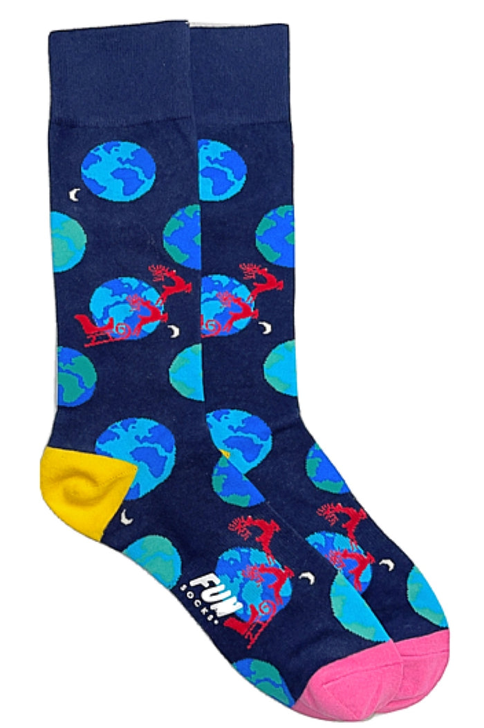 FUN SOCKS Brand Men’s CHRISTMAS Socks SANTA’S SLEIGH PASSING BY EARTH