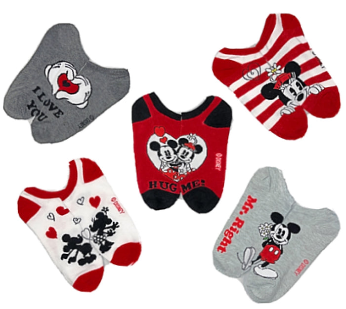 DISNEY Ladies 5 Pair Of VALENTINE'S DAY No Show Socks MICKEY MOUSE & MINNIE MOUSE ‘I LOVE YOU'’