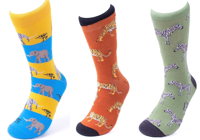 PARQUET Brand Men’s WILD ANIMALS Socks CHOOSE TIGERS, ELEPHANTS, ZEBRAS