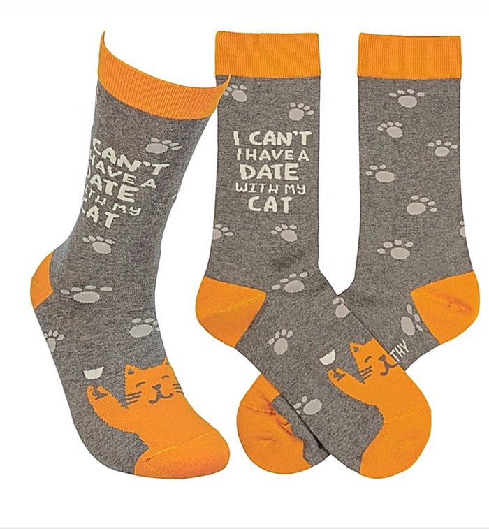 PRIMITIVES BY KATHY UNISEX CAT SOCKS ‘I CAN’T I HAVE A DATE WITH MY CAT’