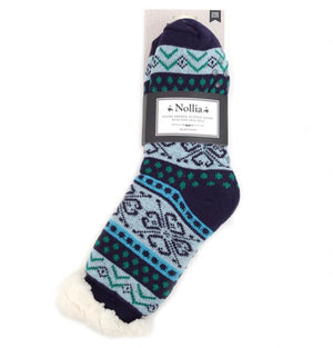 NOLLIA BRAND Ladies Blue Winter Theme NON-SKID SHERPA SLIPPER SOCKS - Novelty Socks for Less