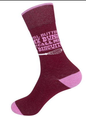 FUNATIC Brand Unisex Socks ‘WELL BUTTER MY BUNS & CALL ME A BISCUIT’ - Novelty Socks for Less