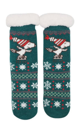 PEANUTS Ladies SHERPA LINED GRIPPER BOTTOM SLIPPER SOCKS ICE SKATING SNOOPY - Novelty Socks for Less