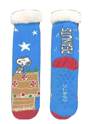PEANUTS Ladies Sherpa Lined Gripper Bottom Slipper Socks SNOOPY & DOG HOUSE - Novelty Socks for Less