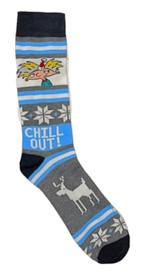 HEY ARNOLD MENS CHRISTMAS Socks ‘CHILL OUT’ WITH SNOWFLAKES & DEER - Novelty Socks for Less