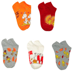 PEANUTS Ladies THANKSGIVING 5 Pair Of No Show Socks ‘BE THANKFUL’ SNOOPY & WOODSTOCK - Novelty Socks for Less