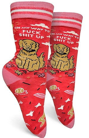 GROOVY THINGS Brand Ladies DOG Socks ‘ON MY WAY TO FUCK SHIT UP’ - Novelty Socks for Less