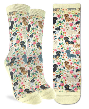 GOOD LUCK SOCK Ladies FLORAL DACHSHUND DOGS Active Fit Socks - Novelty Socks for Less