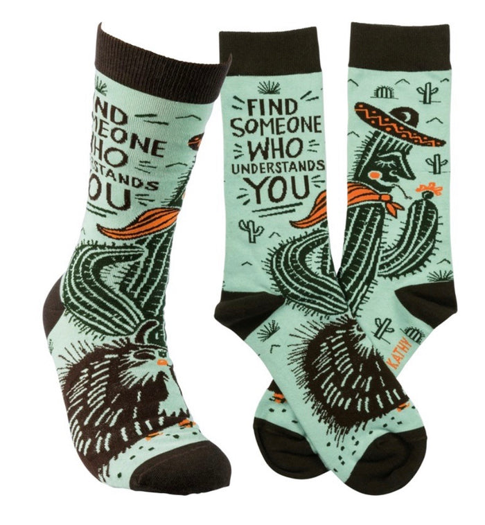 PRIMITIVES BY KATHY Brand Unisex CACTUS & PORCUPINE Socks ‘FIND SOMEONE WHO UNDERSTANDS YOU’