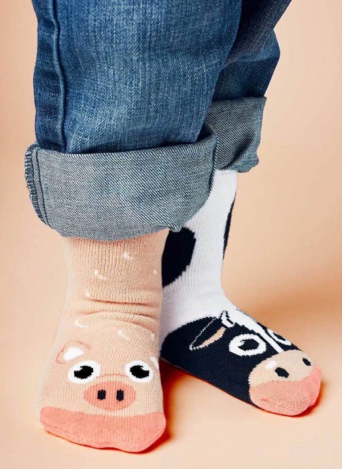 PALS SOCKS Brand Unisex COW & PIG Mismatched Gripper Bottom Socks (CHOOSE SIZE)