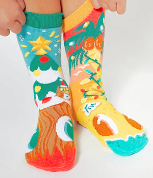 PALS Socks Brand Unisex CHRISTMAS PINEY & COCO Mismatched Gripper Bottom Socks (CHOOSE SIZE) - Novelty Socks for Less