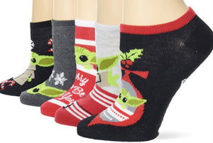 STAR WARS Ladies BABY YODA CHRISTMAS 5 Pair Of No Show Socks ‘MERRY FORCE BE WITH YOU’ - Novelty Socks for Less