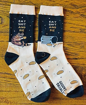 GROOVY THINGS Brand Ladies RACOON SOCKS ‘EAT SHIT & DIE’ - Novelty Socks for Less