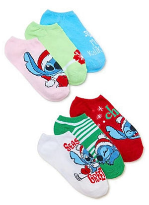 DISNEY LILO & STITCH LADIES CHRISTMAS 6 PAIR OF NO SHOW SOCKS ‘MELE KALIKIMAKA!’ - Novelty Socks for Less