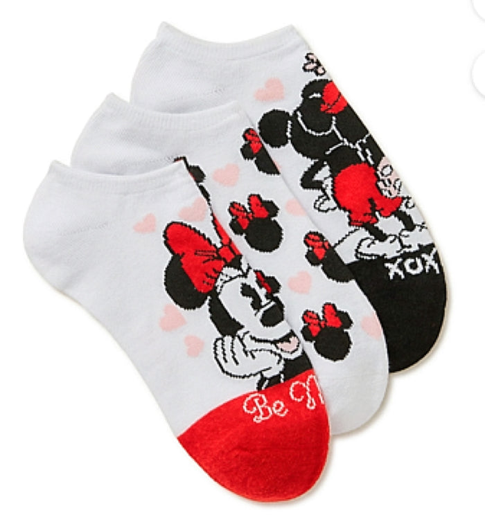 DISNEY Mickey & Minnie Ladies Valentines Day 3 Pair Of No Show Socks ‘BE MINE’