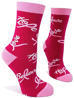 FABDAZ Brand Ladies HOPE LOVE BELIEVE Socks BREAST CANCER RIBBON - Novelty Socks for Less