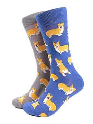 PARQUET Brand Men’s CORGI Dog Socks BLUE Or GRAY - Novelty Socks for Less