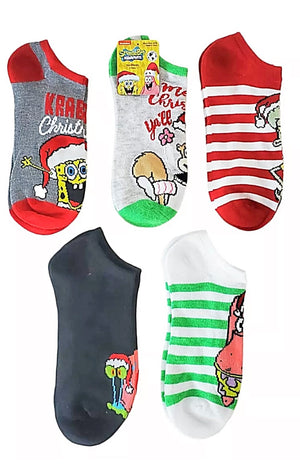 SPONGEBOB SQUAREPANTS Ladies 5 Pair Of CHRISTMAS No Show Socks ‘KRABBY CHRISTMAS’ - Novelty Socks for Less