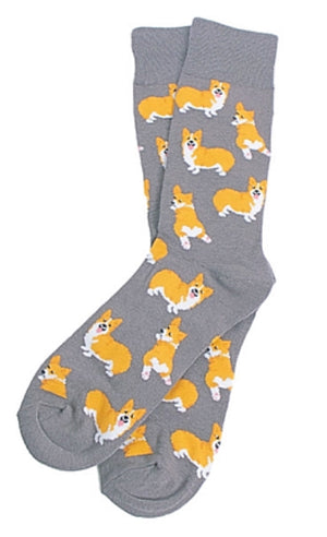 PARQUET Brand Men’s CORGI Dog Socks BLUE Or GRAY - Novelty Socks for Less