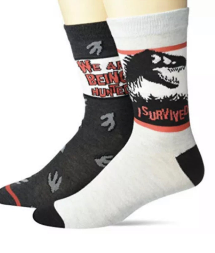JURASSIC WORLD Men’s 2 Pair Of Socks ‘I SURVIVED’ ‘WE ARE BEING HUNTED’