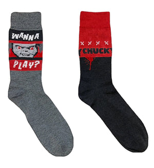 CHUCKY MOVIE MEN’S 2 PAIR OF HALLOWEEN SOCKS ‘WANNA PLAY’ - Novelty Socks for Less